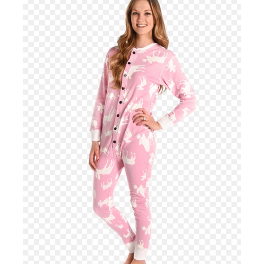 Lazy One Pink Moose Print Pajama Jumpsuit Women's Size Medium Button Up Footless